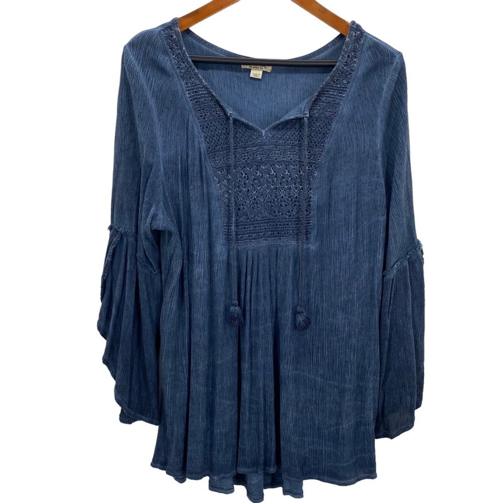 ONE WORLD Indigo Blue Gauzy Peasant Blouse with Crochet Yoke